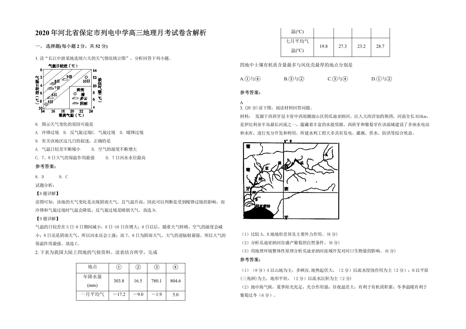 2020年河北省保定市列电中学高三地理月考试卷含解析