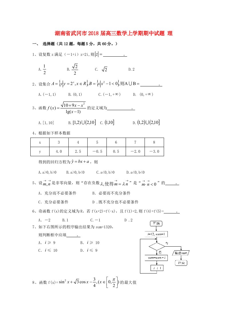 湖南省武冈市高三数学上学期期中试题理