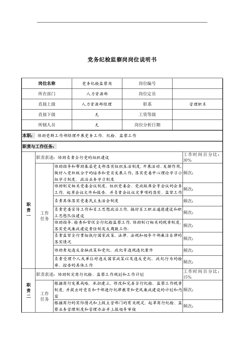 党务纪检监察岗岗位说明书