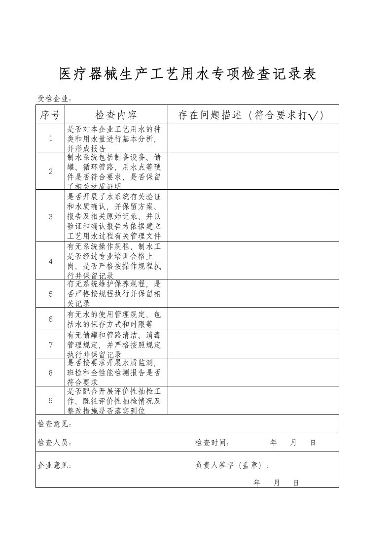 工艺用水专项检查记录表