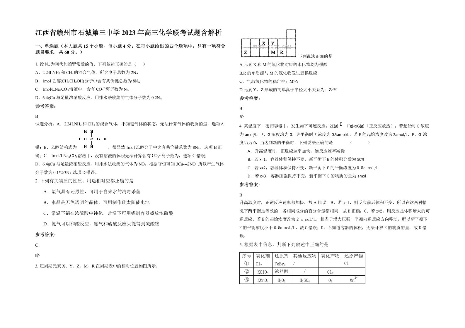 江西省赣州市石城第三中学2023年高三化学联考试题含解析