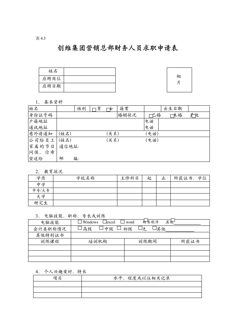 公司营销总部财务人员求职申请表