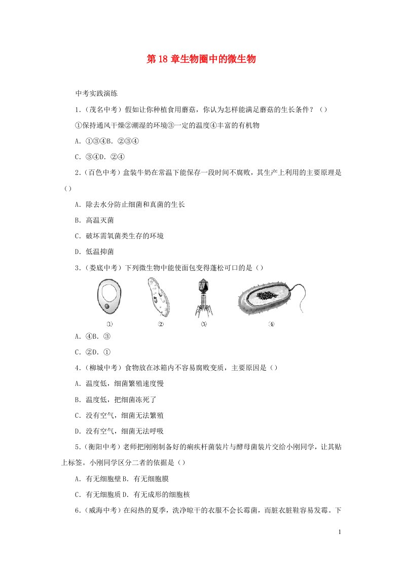 2023八年级生物上册第18章生物圈中的微生物中考实践演练新版北师大版