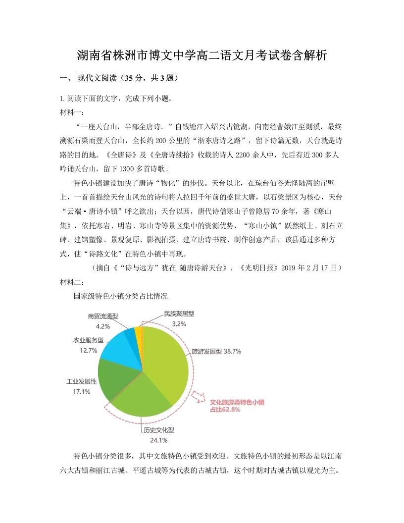 湖南省株洲市博文中学高二语文月考试卷含解析