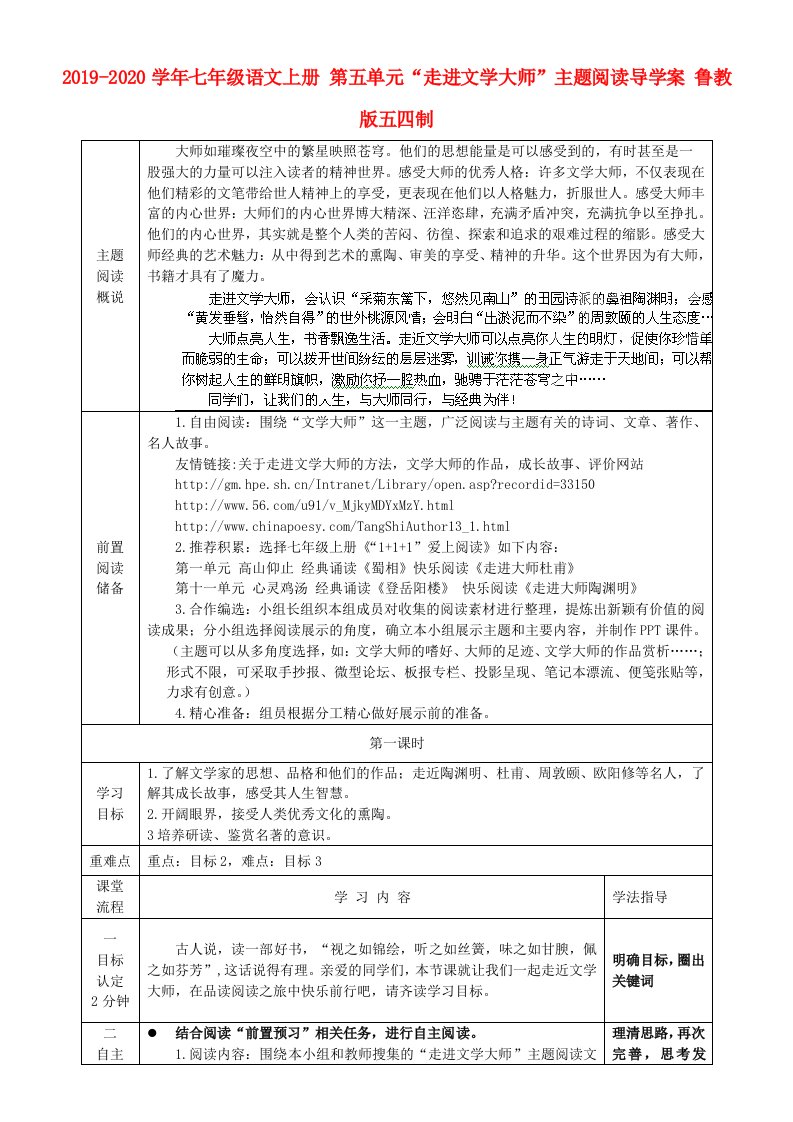 2019-2020学年七年级语文上册-第五单元“走进文学大师”主题阅读导学案-鲁教版五四制