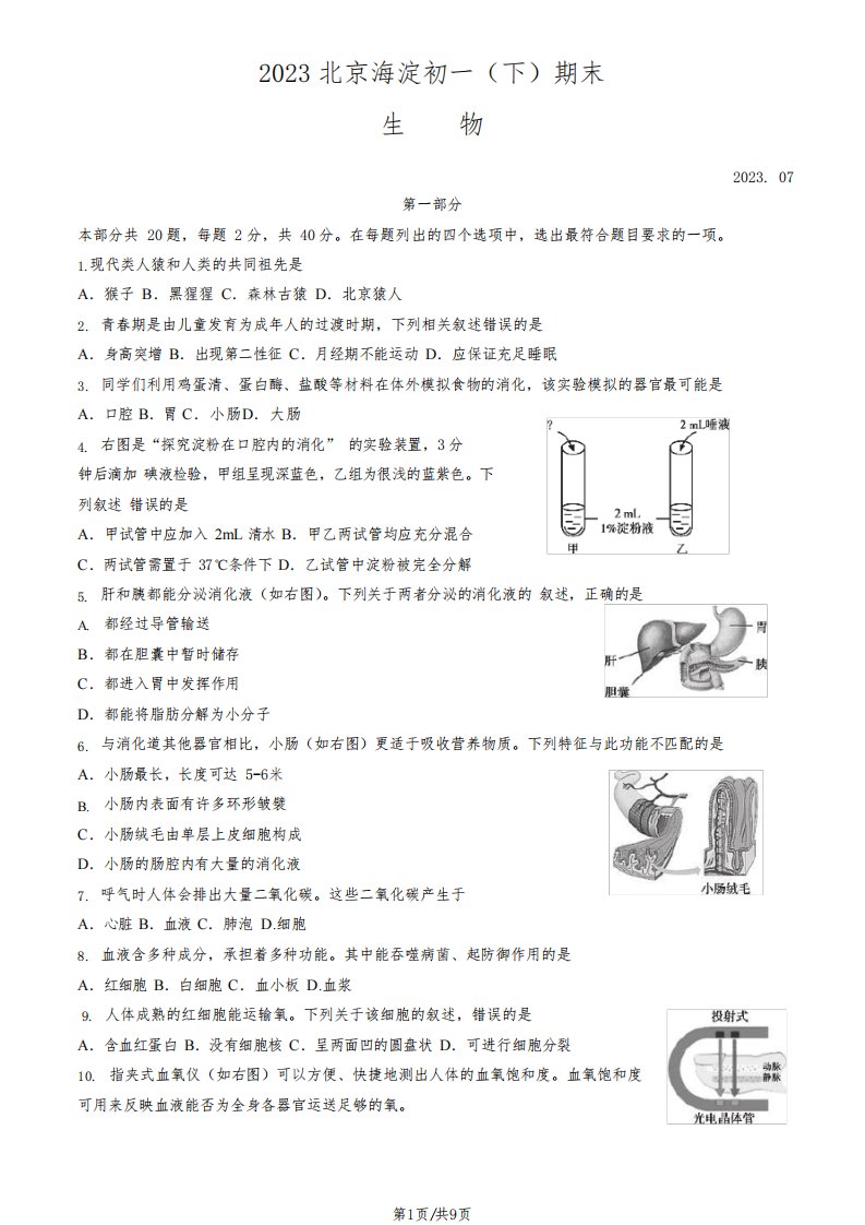 2023北京海淀区初一期末(下)生物试卷和答案