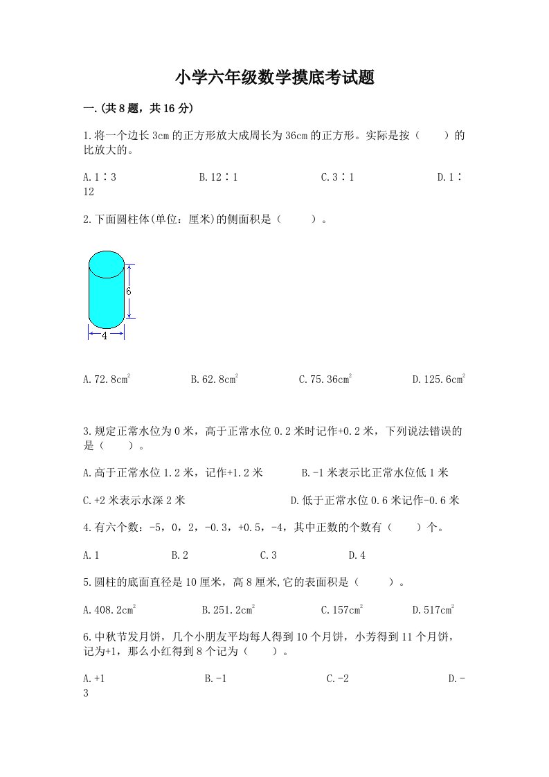 小学六年级数学摸底考试题及完整答案【名校卷】