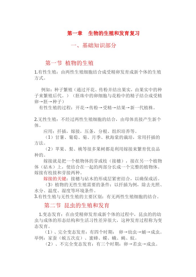 人教版八年级下册第一章生物的生殖和发育知识点