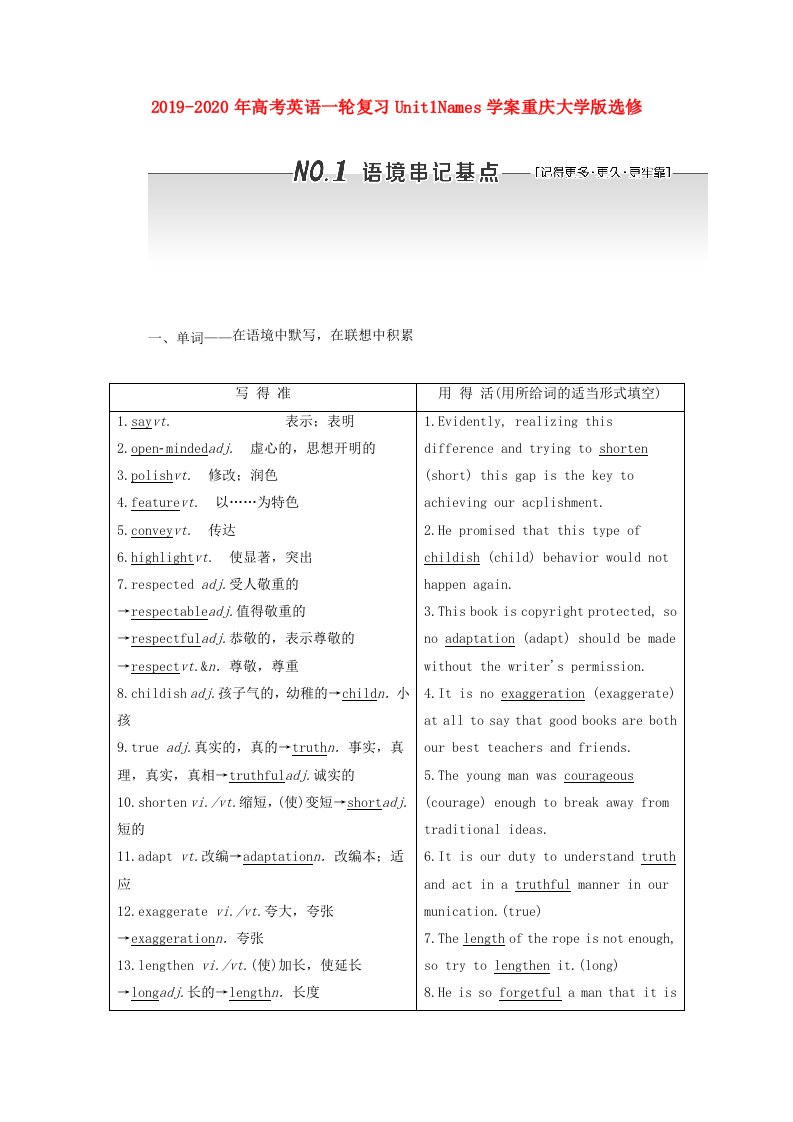 2019-2020年高考英语一轮复习Unit1Names学案重庆大学版选修