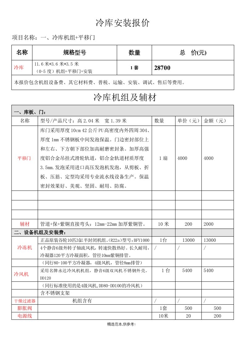 冷库报价表最新版本