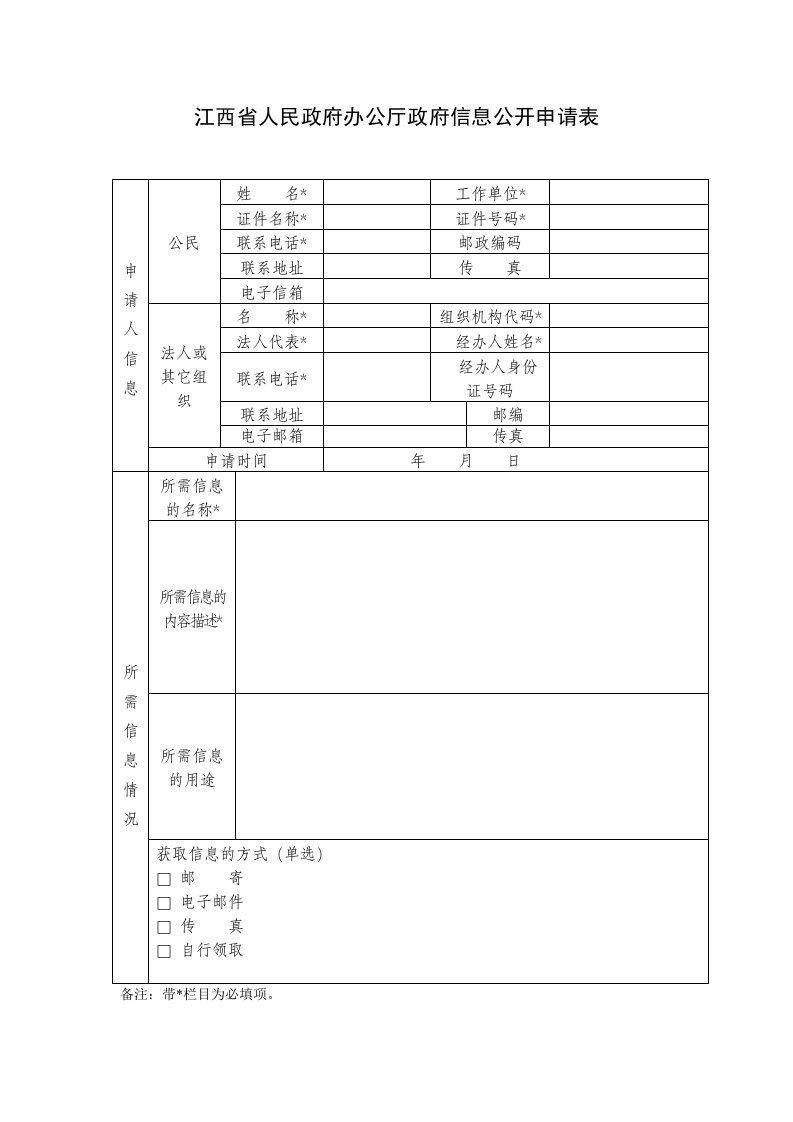 江西省人民政府办公厅政府信息公开申请表