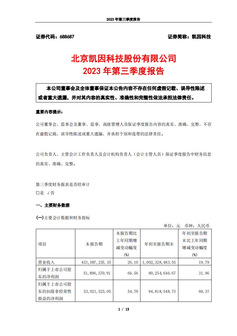 上交所-凯因科技2023年第三季度报告-20231026