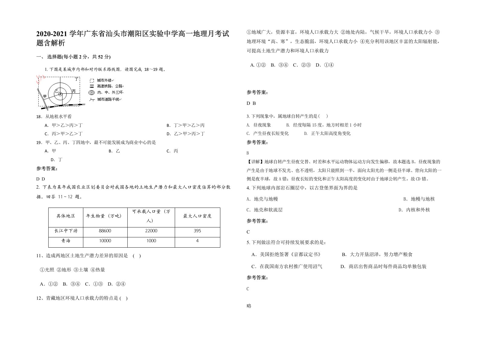 2020-2021学年广东省汕头市潮阳区实验中学高一地理月考试题含解析