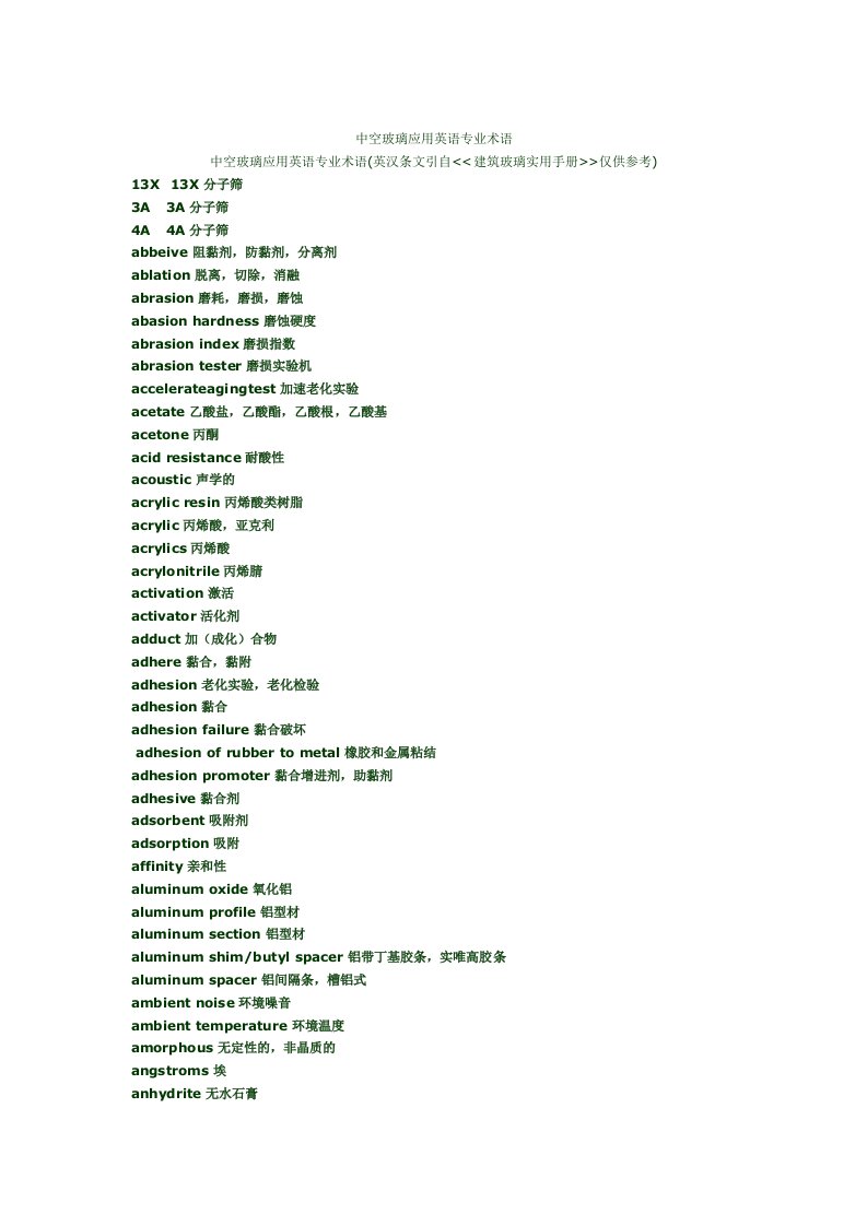 中空玻璃应用英语专业术语