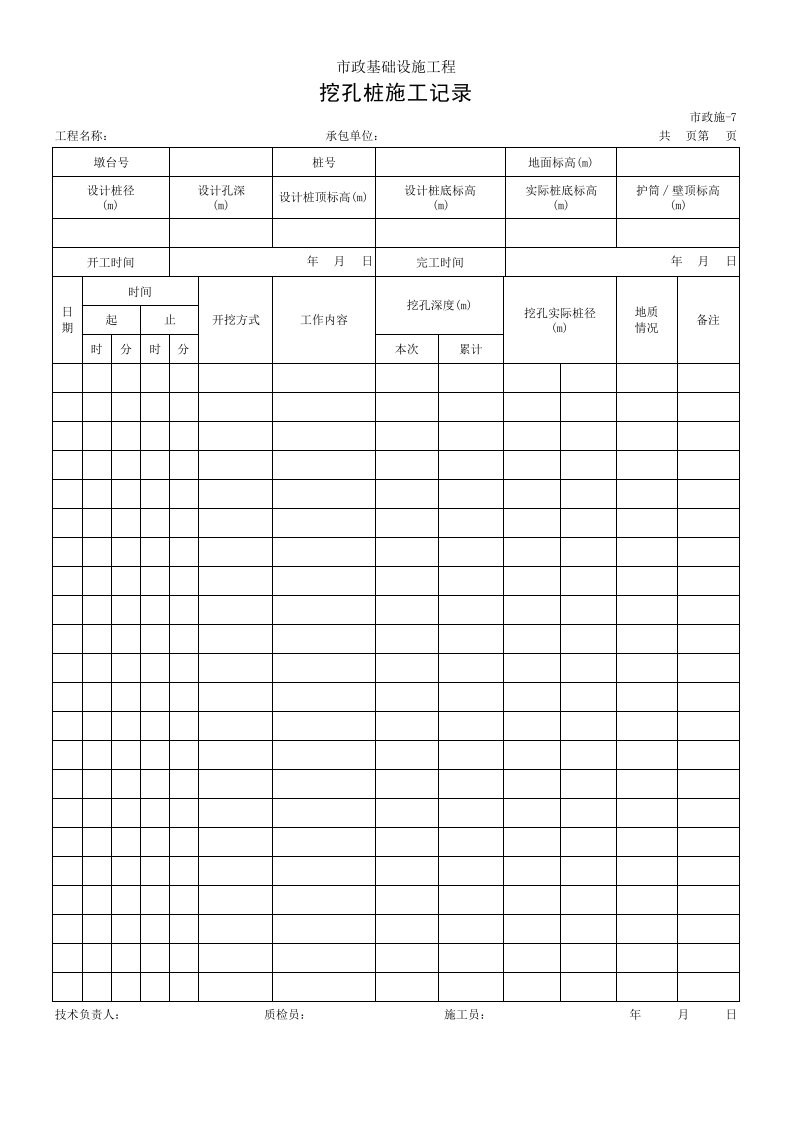 人工挖孔桩施工记录表格