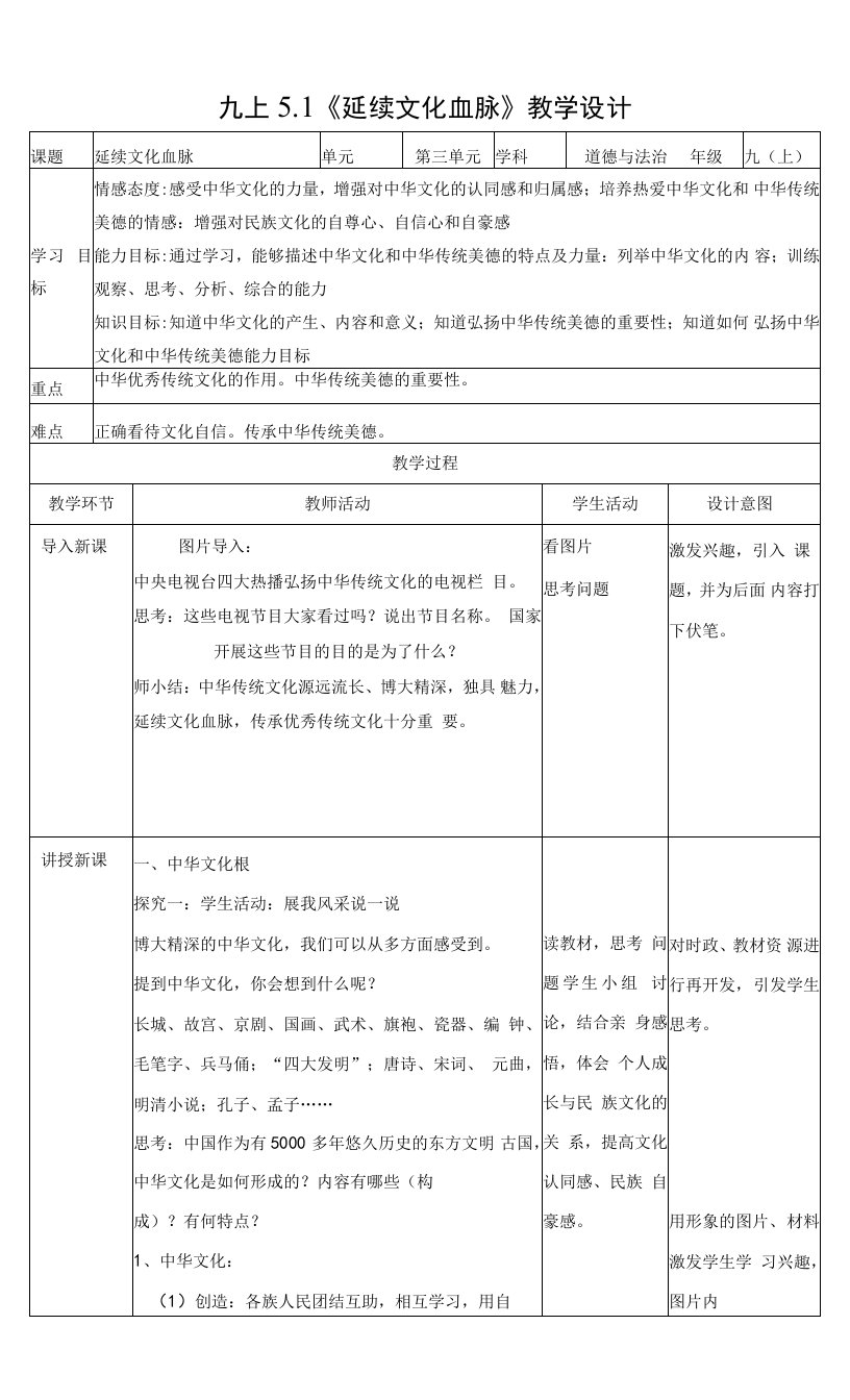 中小学5.1延续文化血脉教案设计公开课教案教学设计课件案例测试练习卷题