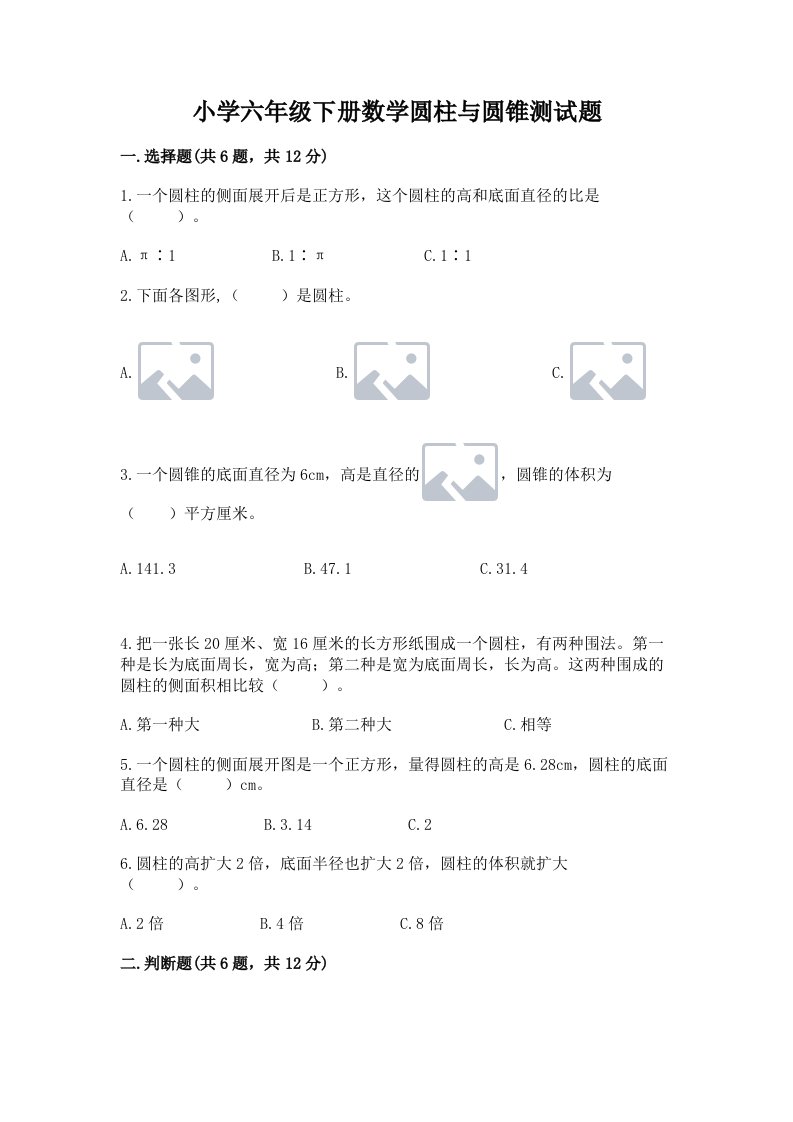 小学六年级下册数学圆柱与圆锥测试题（夺冠）