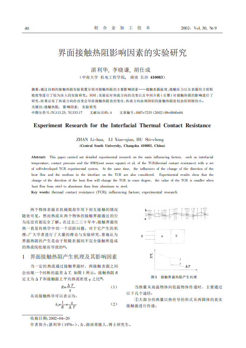 界面接触热阻影响因素的实验研究