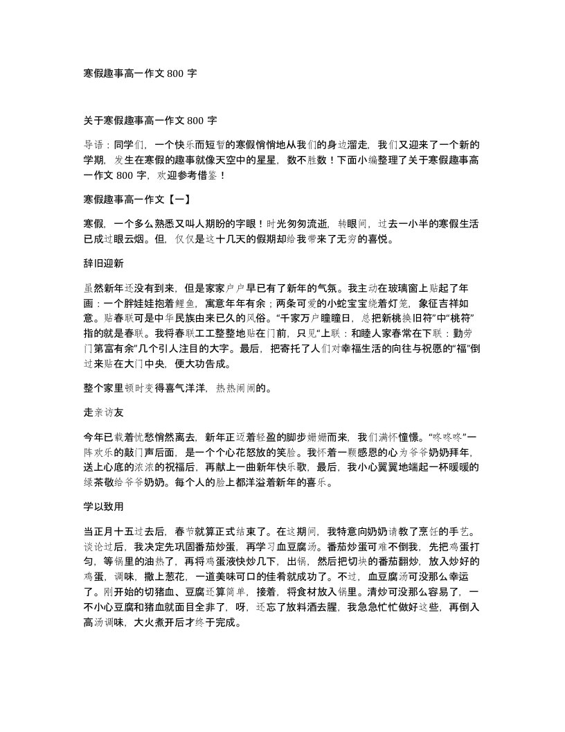 寒假趣事高一作文800字