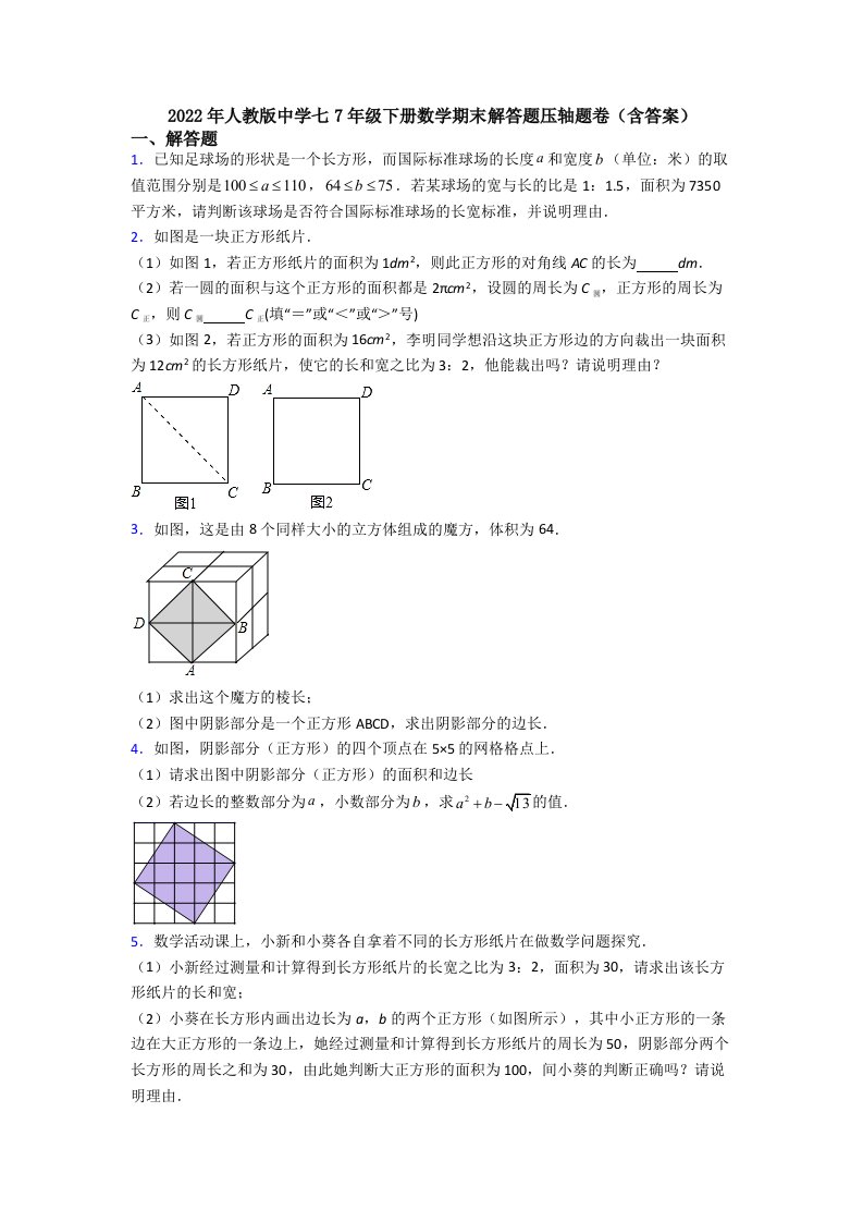 2022年人教版中学七7年级下册数学期末解答题压轴题卷(含答案)