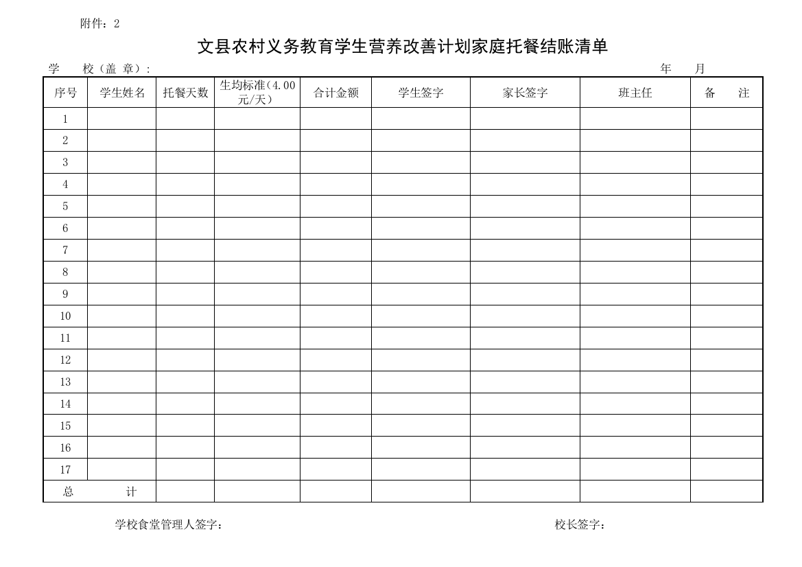 文县农村义务教育学生营养改善计划家庭托餐结账清单