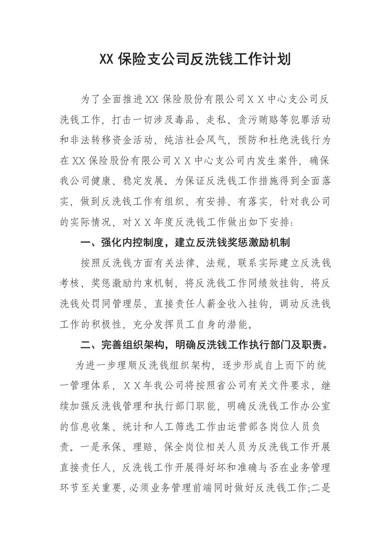 保险公司反洗钱工作计划