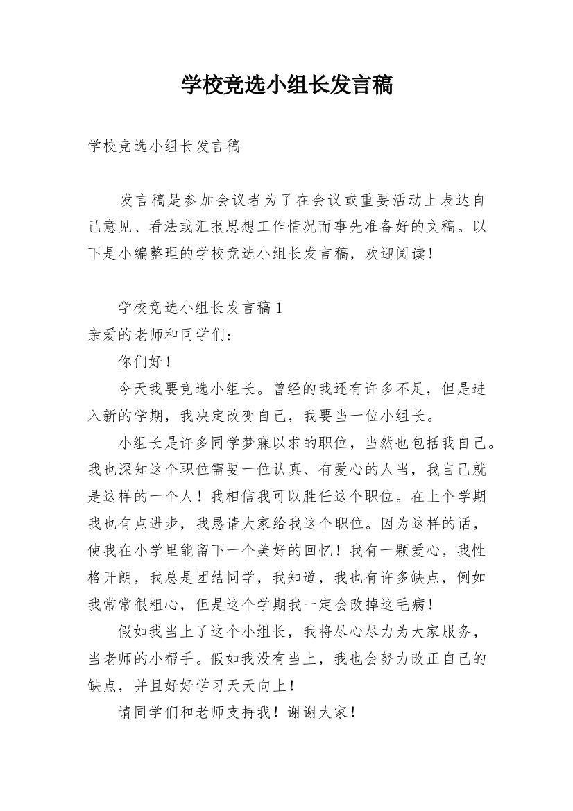 学校竞选小组长发言稿