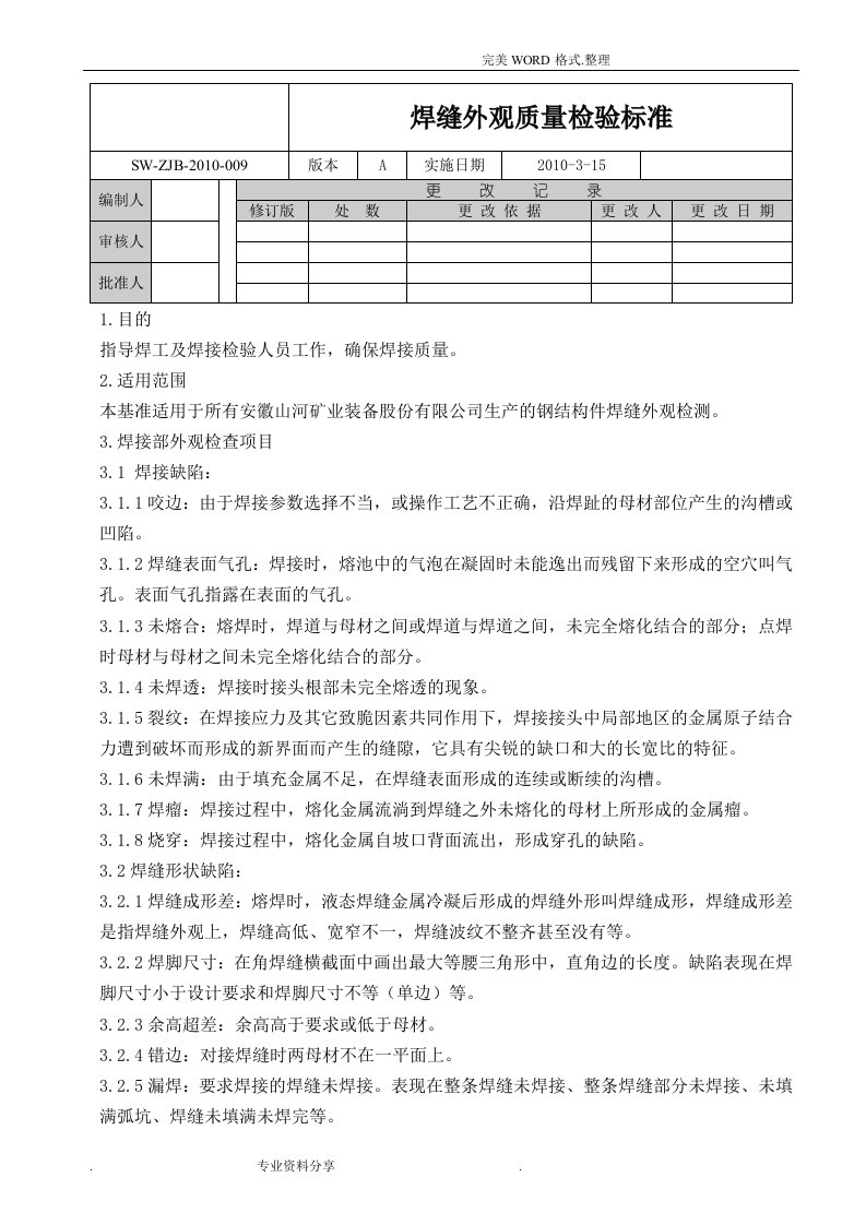 焊缝外观质量检验标准