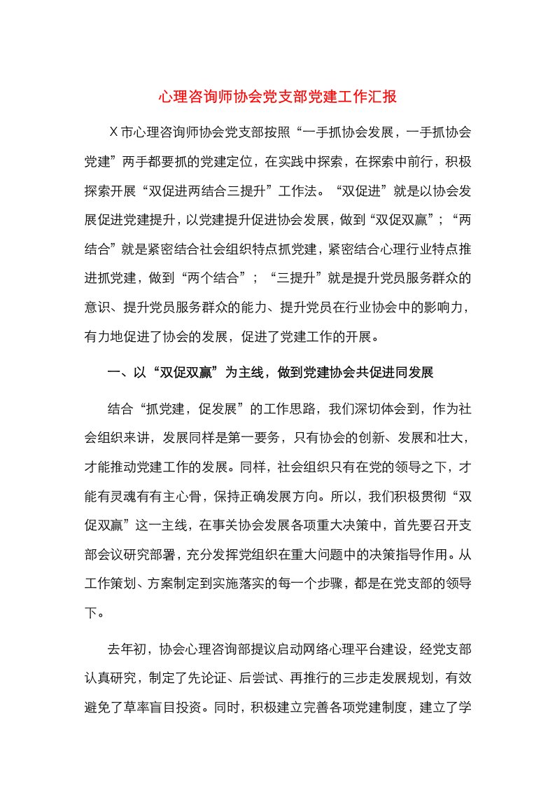 心理咨询师协会党支部党建工作汇报