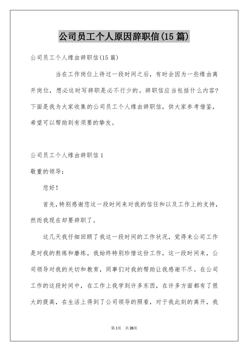 公司员工个人原因辞职信15篇例文