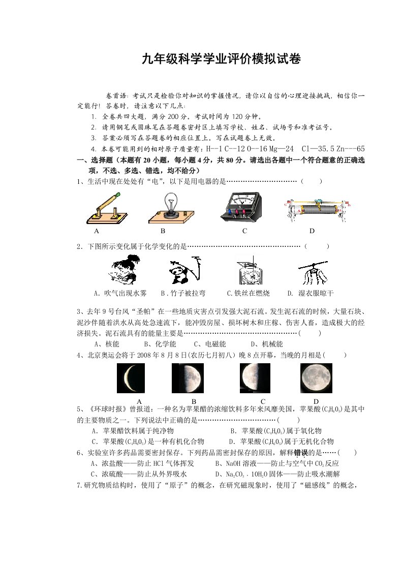 浙教版九年级学业考试模拟卷