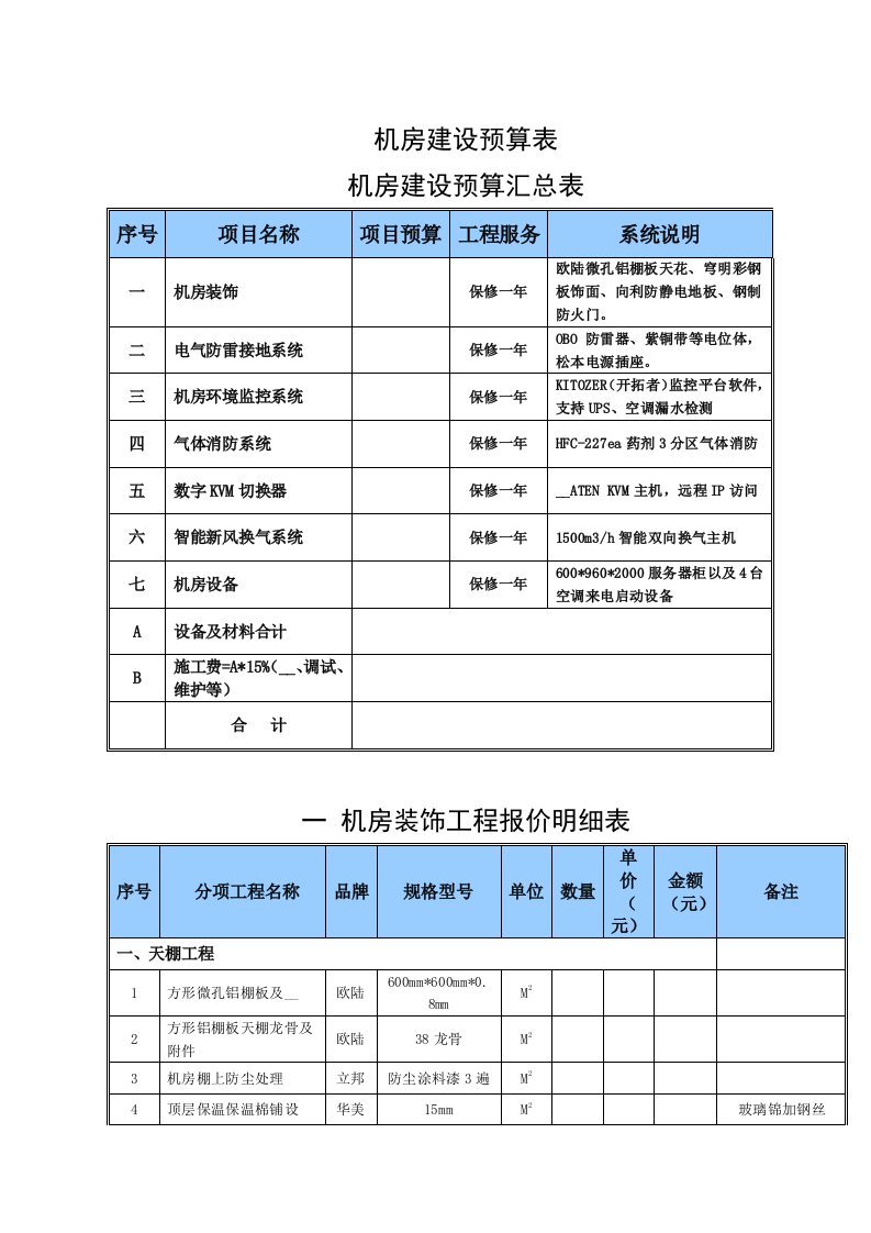 气体消防工程预算明细表