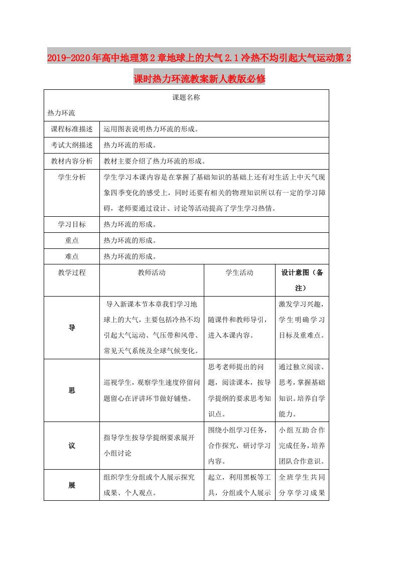 2019-2020年高中地理第2章地球上的大气2.1冷热不均引起大气运动第2课时热力环流教案新人教版必修