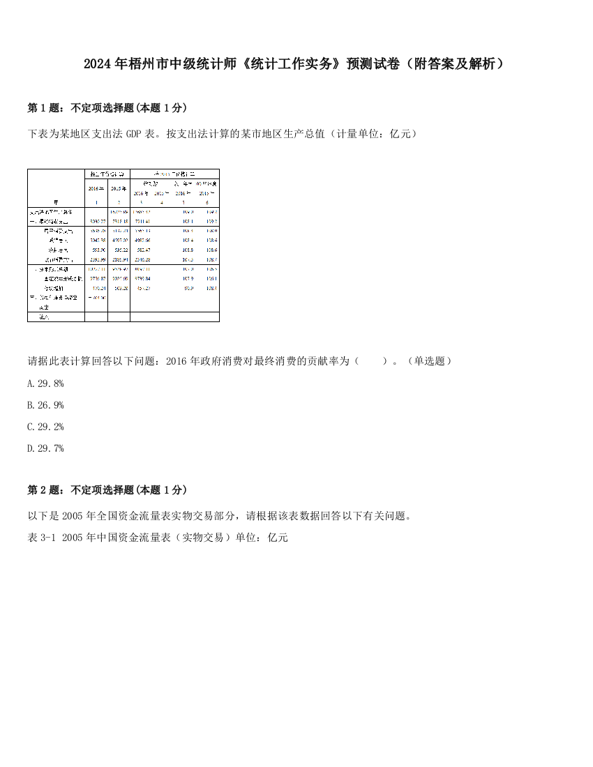 2024年梧州市中级统计师《统计工作实务》预测试卷（附答案及解析）