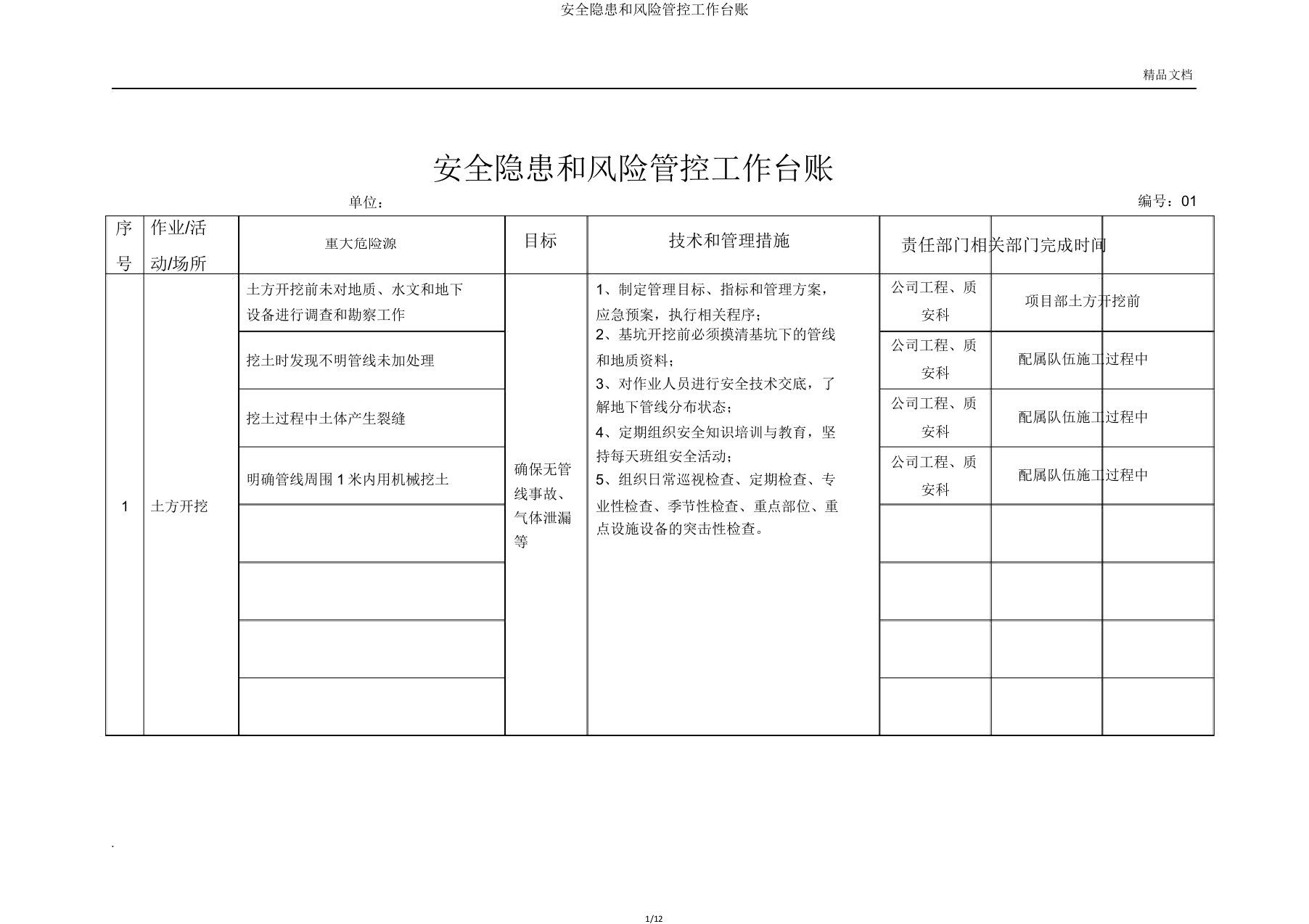 安全隐患和风险管控工作台账