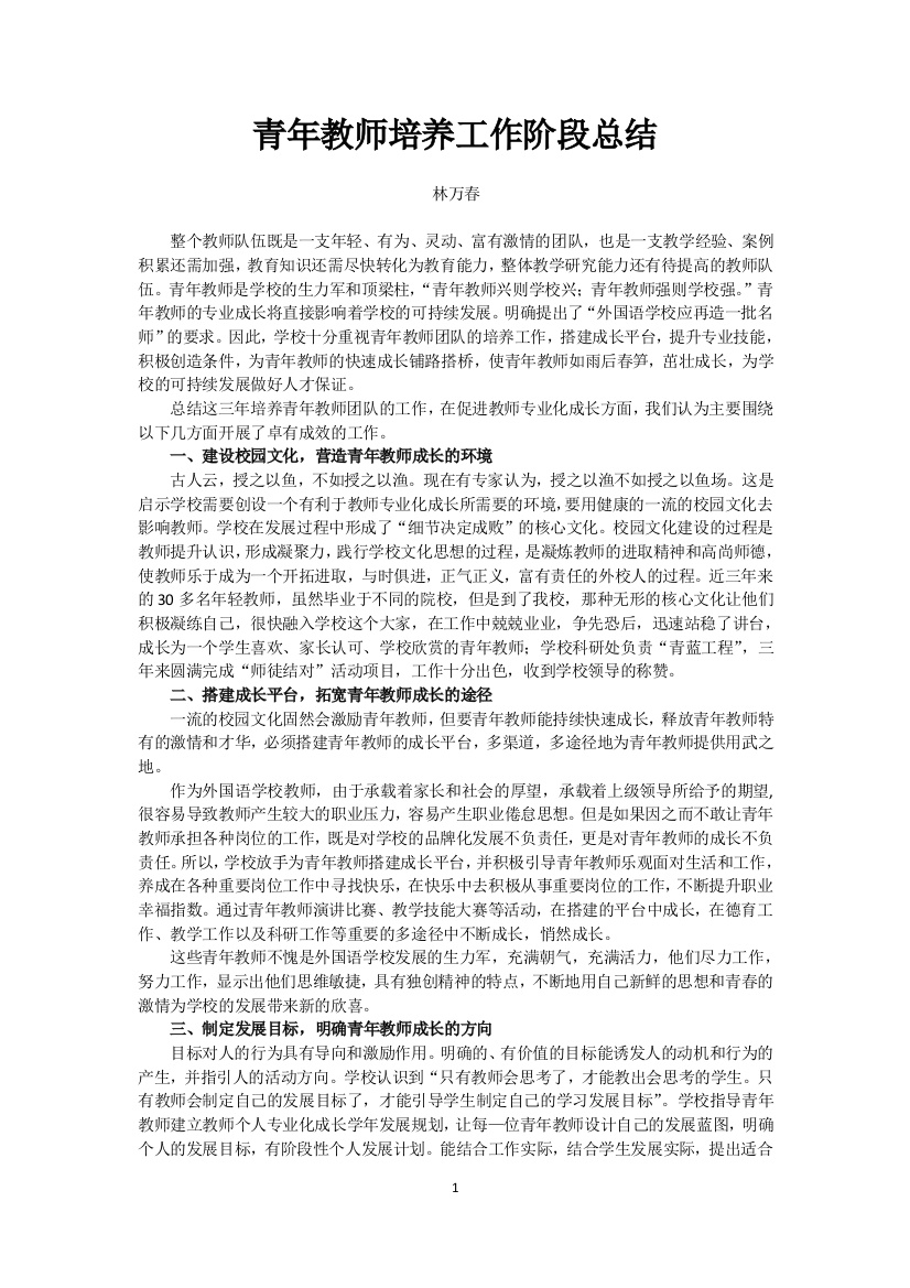 青年教师培养工作阶段总结