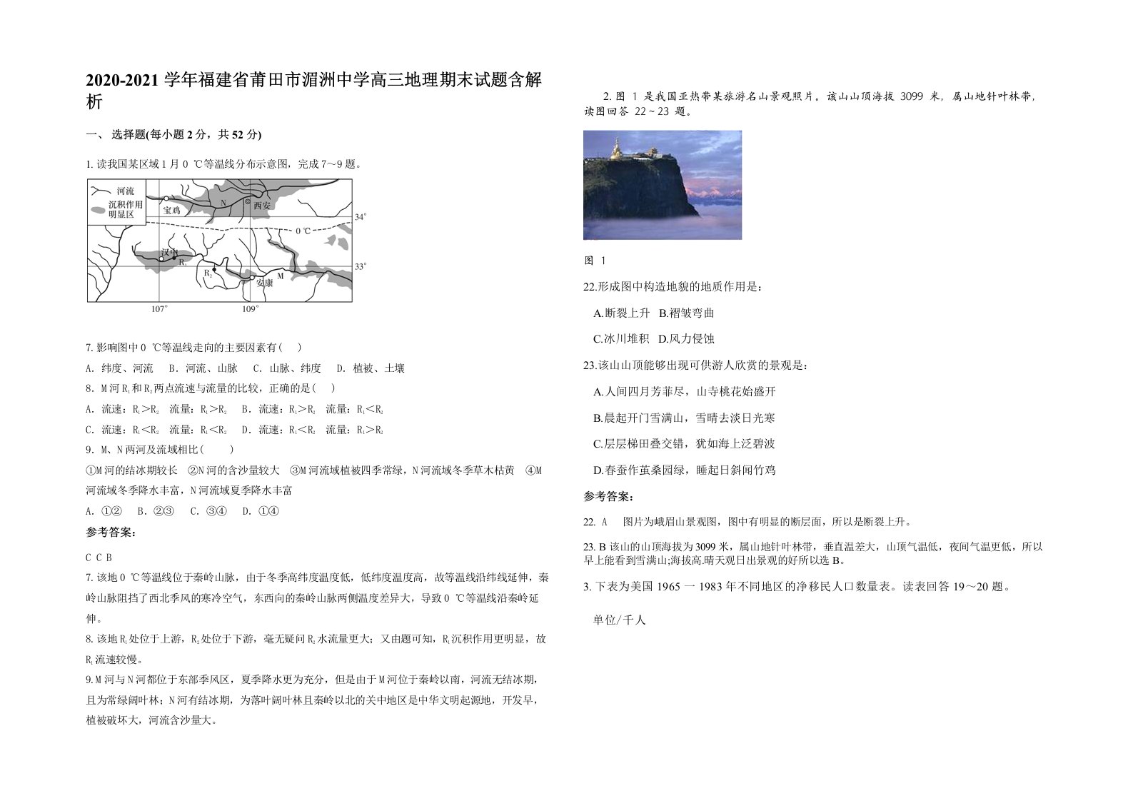 2020-2021学年福建省莆田市湄洲中学高三地理期末试题含解析