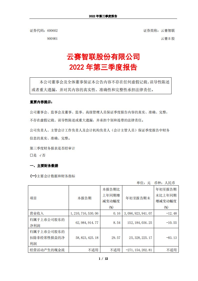 上交所-云赛智联2022年第三季度报告-20221027