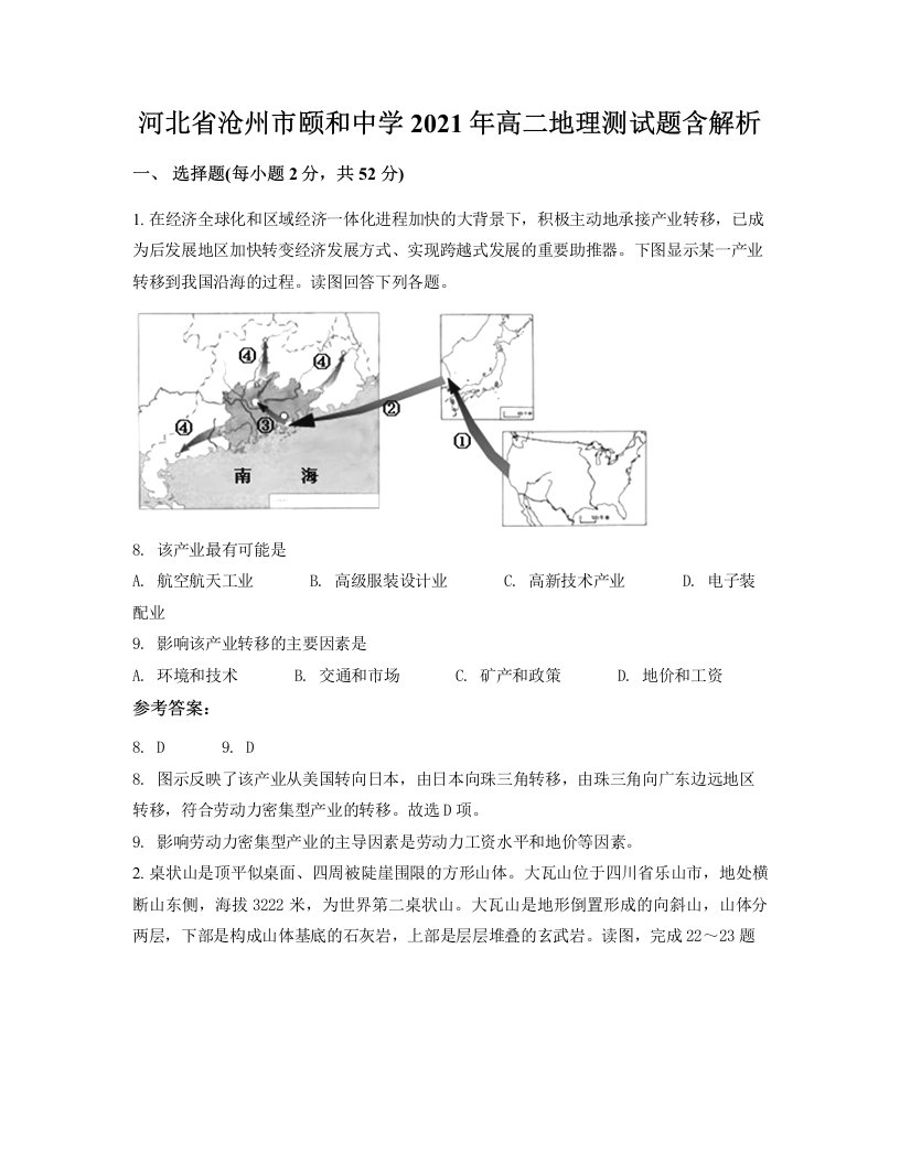 河北省沧州市颐和中学2021年高二地理测试题含解析