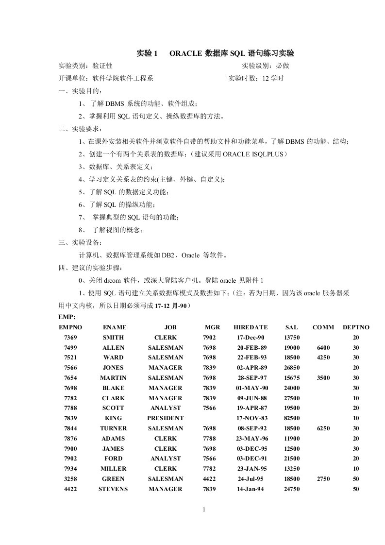 ORACLE数据库SQL语句练习实验