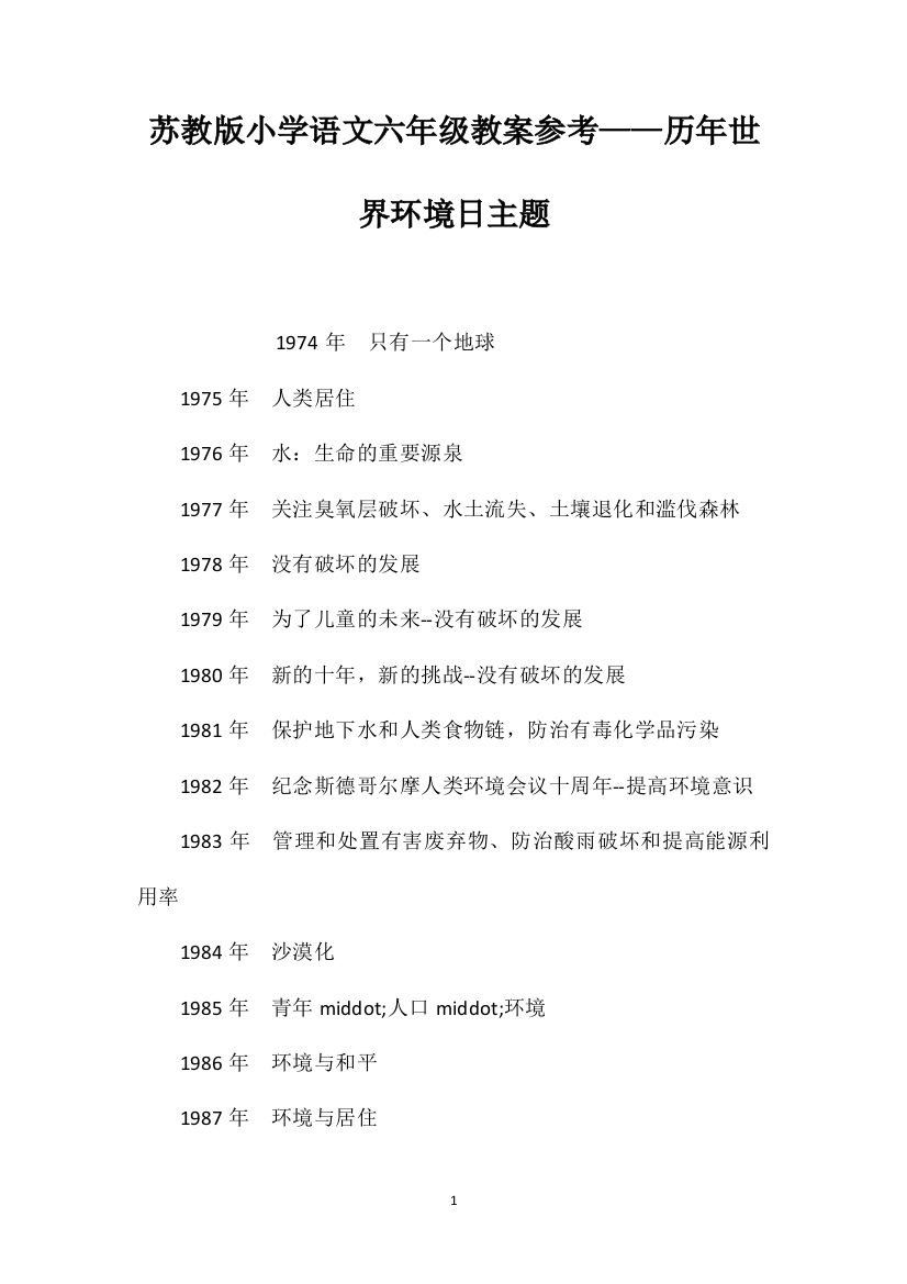 苏教版小学语文六年级教案参考——历年世界环境日主题