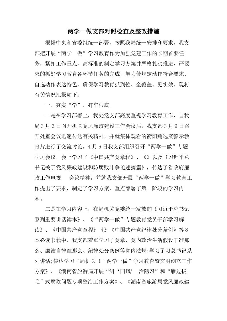 两学一做支部对照检查及整改措施