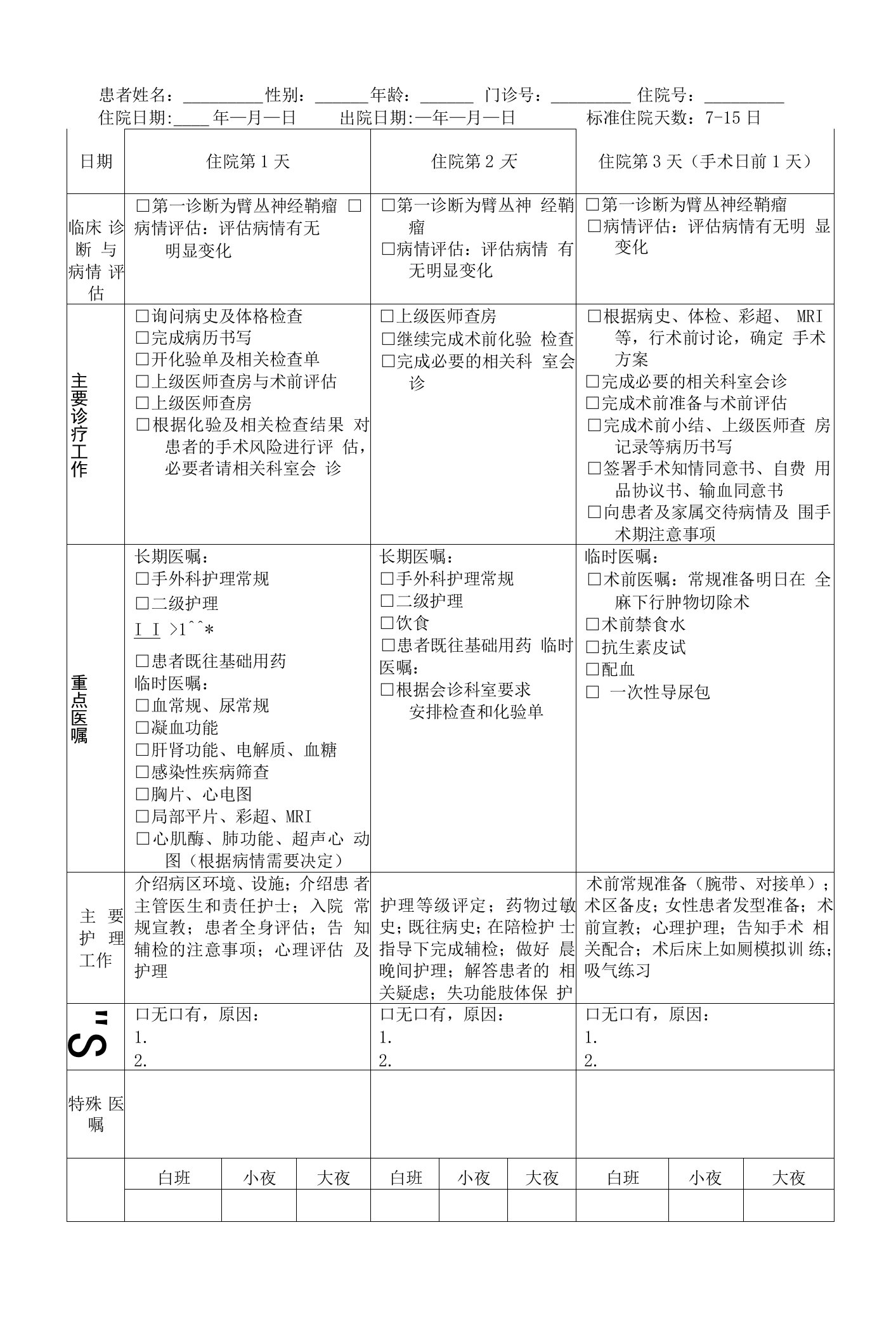 臂丛神经鞘瘤临床路径治疗记录登记表