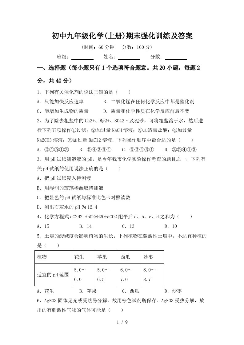 初中九年级化学上册期末强化训练及答案