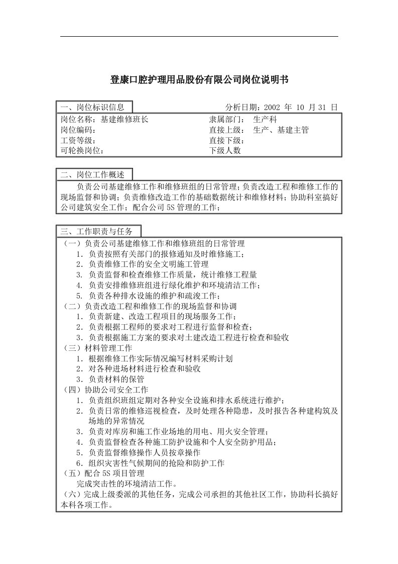 精选登康口腔护理用品股份有限公司基建维修班长岗位说明书