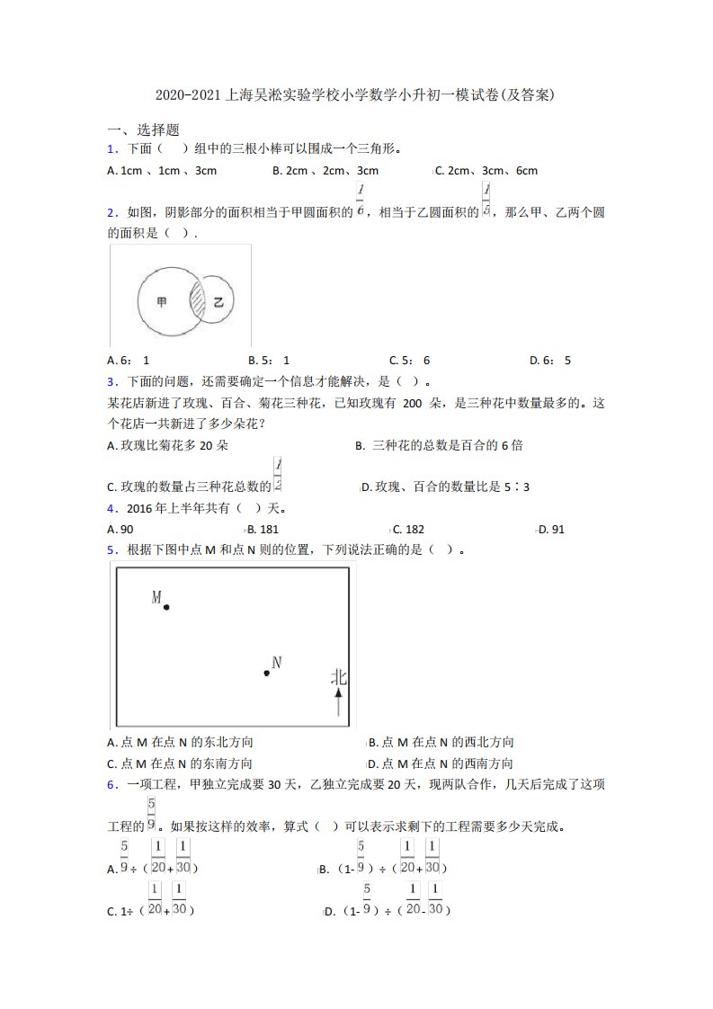 上海吴淞实验学校小学数学小升初一模试卷(及答案)