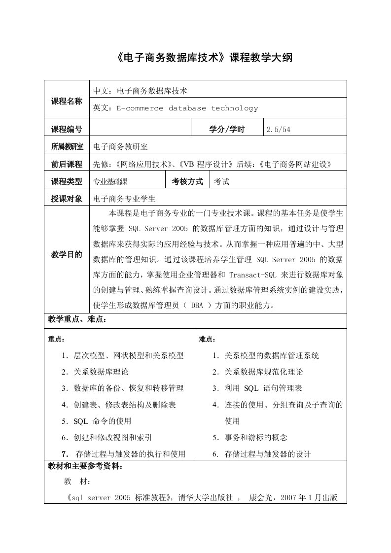 电子商务数据库技术课程教学大纲