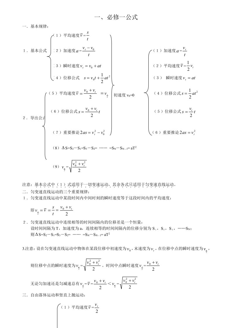 高中物理必修部分公式公式(带填空)