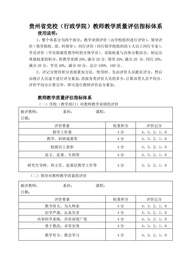 贵州党校（行政学院）教师教学质量评估指标体系