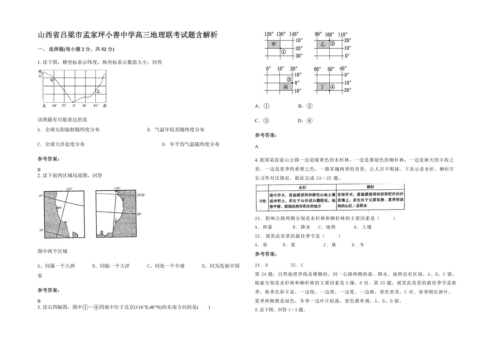 山西省吕梁市孟家坪小善中学高三地理联考试题含解析